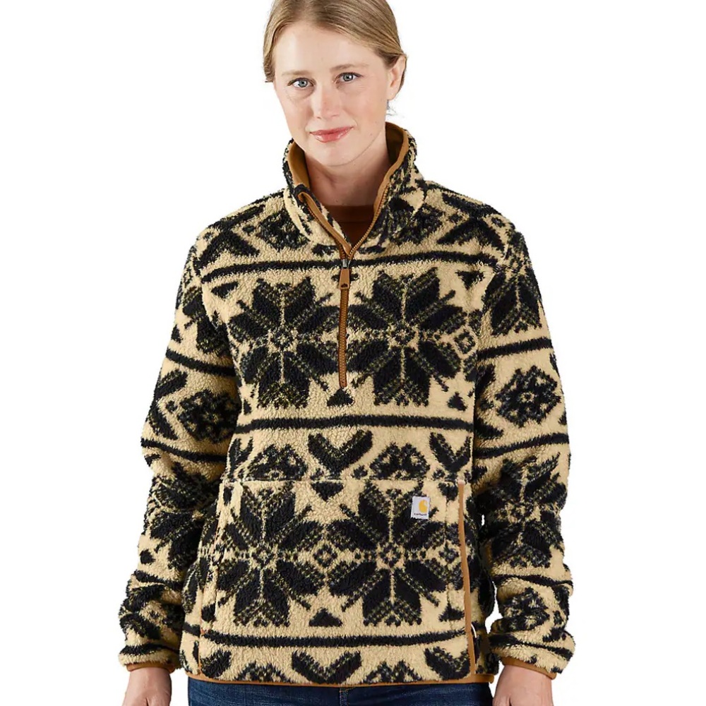 Carhartt Women's Tan and Black Patterned Fleece Quarter-Zip Pullover